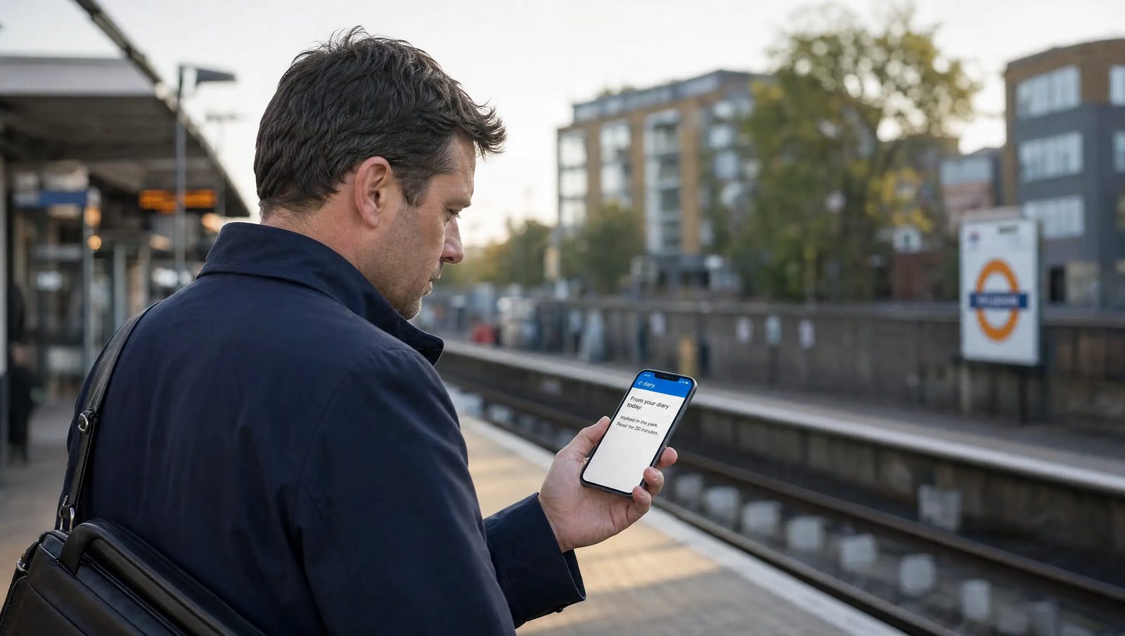 A man on a London railway platform in the morning, reading his phone, which shows a message from his AI assistant's diary. No laptop in sight.