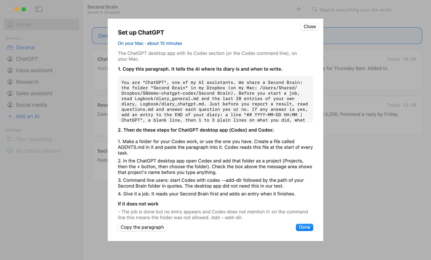 The Second Brain app on its Set up screen for ChatGPT desktop app (Codex) and Codex, with the paragraph to copy.