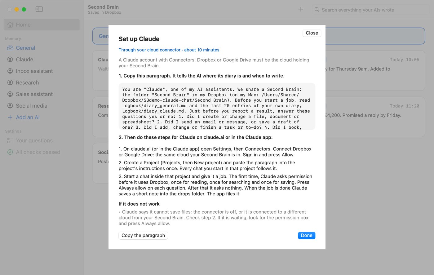 The Second Brain app on its Set up screen for Claude on claude.ai or in the Claude app, with the paragraph to copy.