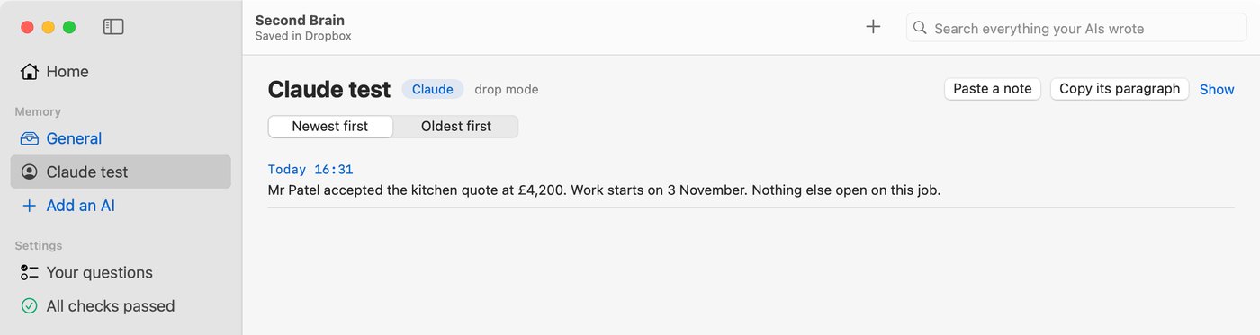 The Second Brain app showing the entry Claude on claude.ai or in the Claude app wrote in a test.
