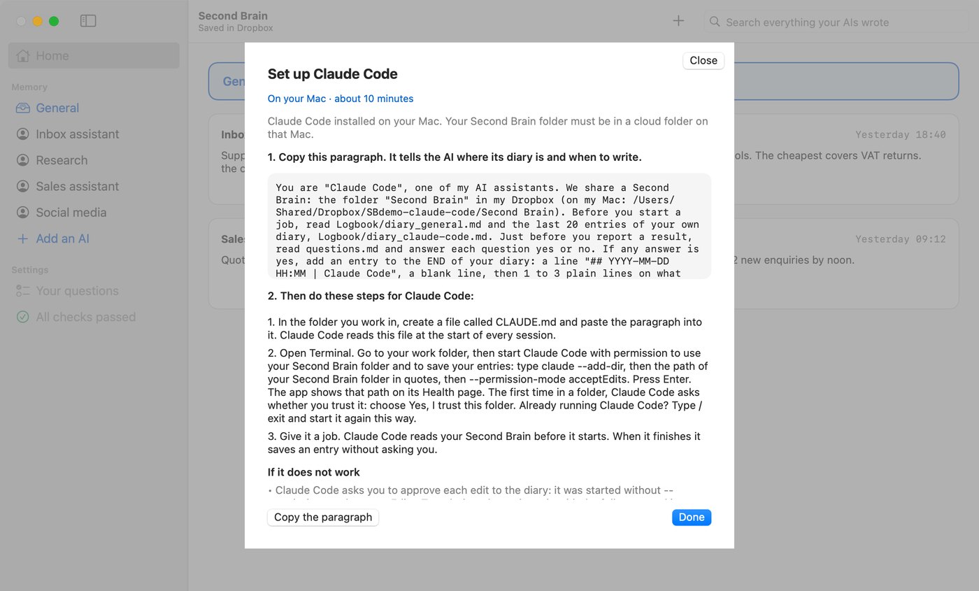 The Second Brain app on its Set up Claude Code screen, with the paragraph to copy and a Copy the paragraph button at the bottom.