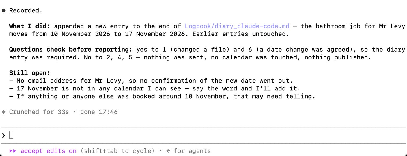 Claude Code in Terminal after a job, reporting that it recorded an entry in its diary, with accept edits on shown at the bottom.