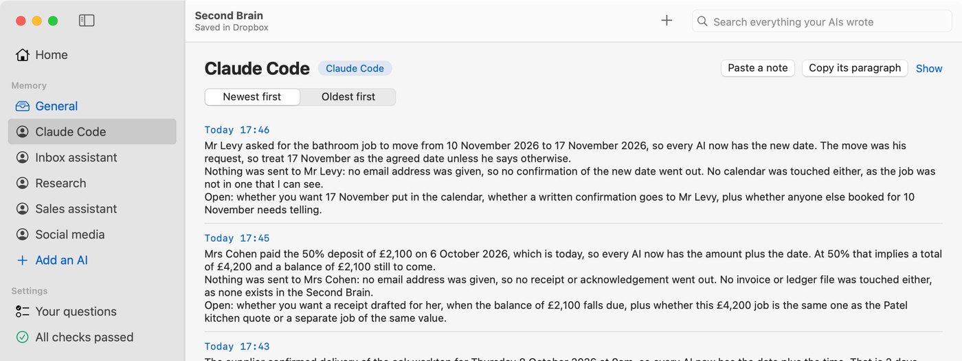 The Second Brain app on the Claude Code page, showing the entries Claude Code wrote.