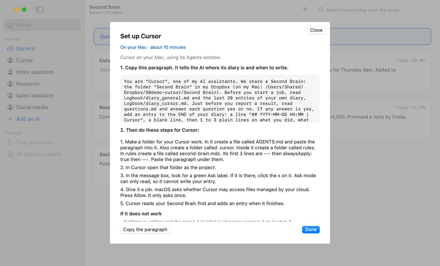 The Second Brain app on its Set up screen for Cursor, with the paragraph to copy.