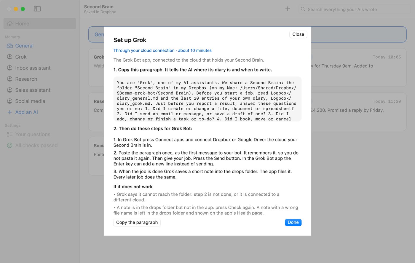 The Second Brain app on its Set up screen for Grok Bot, with the paragraph to copy.