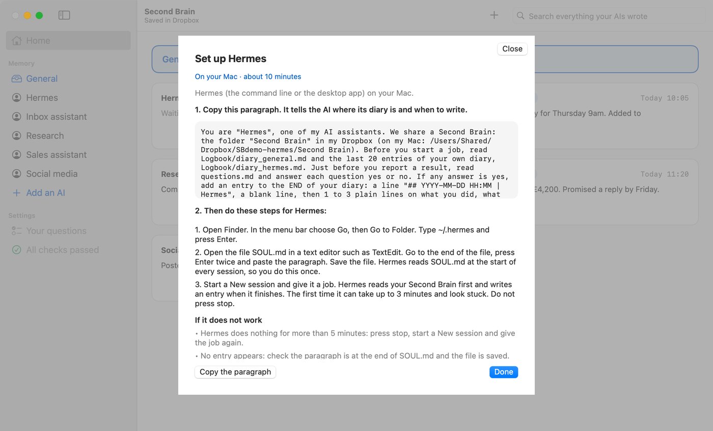 The Second Brain app on its Set up screen for Hermes, with the paragraph to copy.