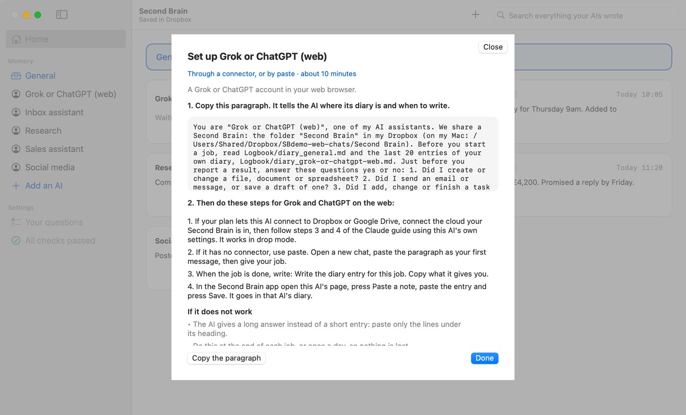The Second Brain app on its Set up screen for Grok or ChatGPT on the web, with the paragraph to copy.