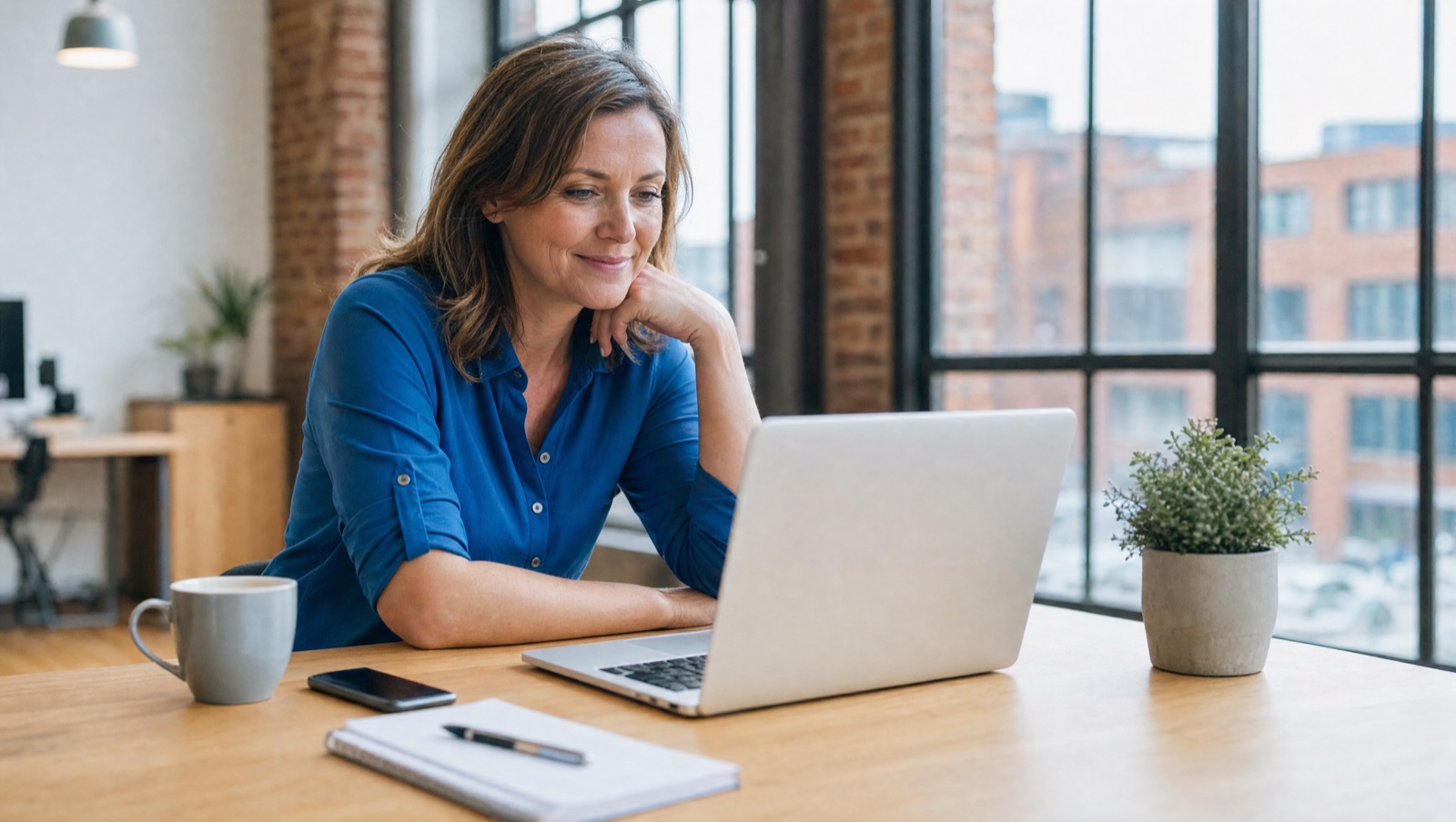 A small-business owner at a laptop on an oak desk in a bright London office, smiling as she reads.
