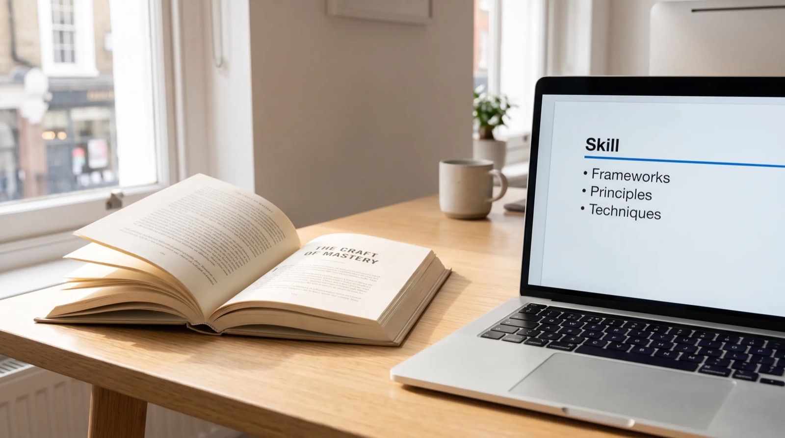 An open hardback book on a desk beside a laptop showing a document headed Skill with sections for frameworks, principles and techniques.