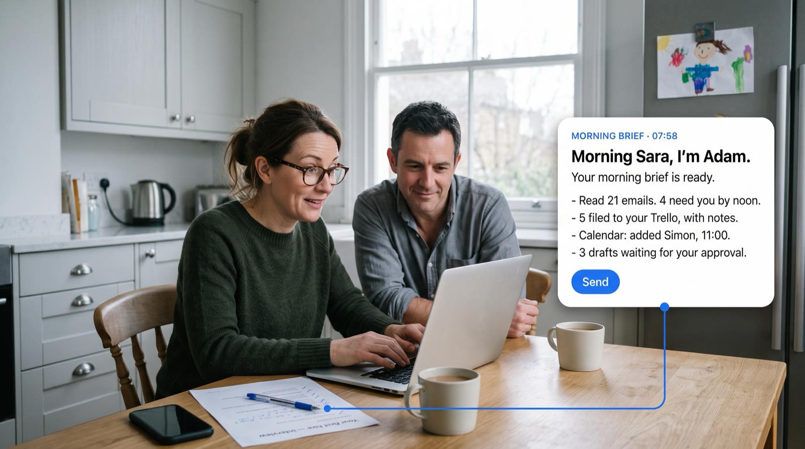 Two people at a kitchen table looking at a laptop together, with a morning brief card beside it: 21 emails read and 4 needing them by noon, 5 filed to Trello, a calendar entry added and 3 drafts waiting for approval.