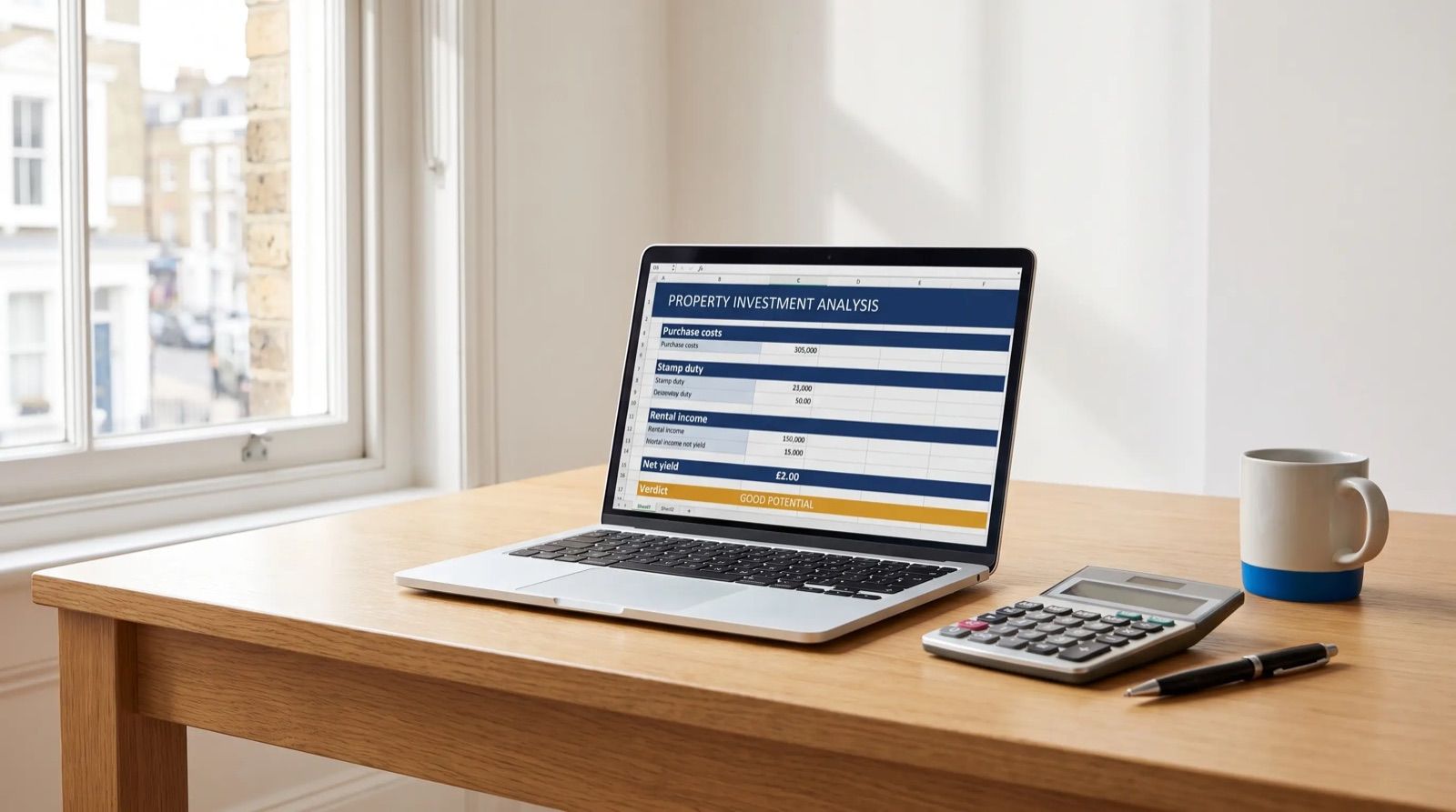 A laptop showing a property investment spreadsheet with a navy banner and sections for purchase costs, stamp duty, rental income and net yield, beside a calculator.