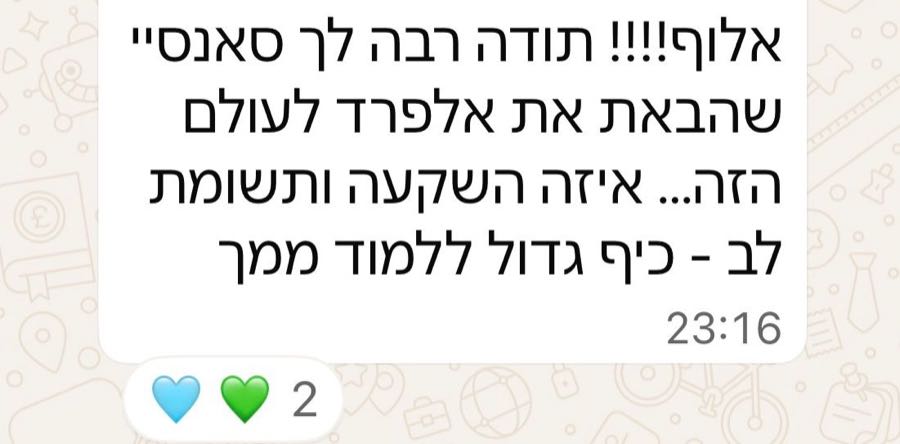הודעת וואטסאפ ממשתתף: אלוף!!! תודה רבה לך סאנסיי שהבאת את אלפרד לעולם הזה, איזו השקעה ותשומת לב, כיף גדול ללמוד ממך.