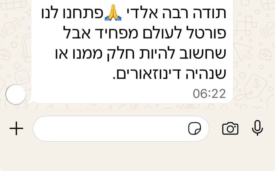 הודעת וואטסאפ ממשתתף: תודה רבה אלדי, פתחנו לנו פורטל לעולם מפחיד אבל שחשוב להיות חלק ממנו, או שנהיה דינוזאורים.