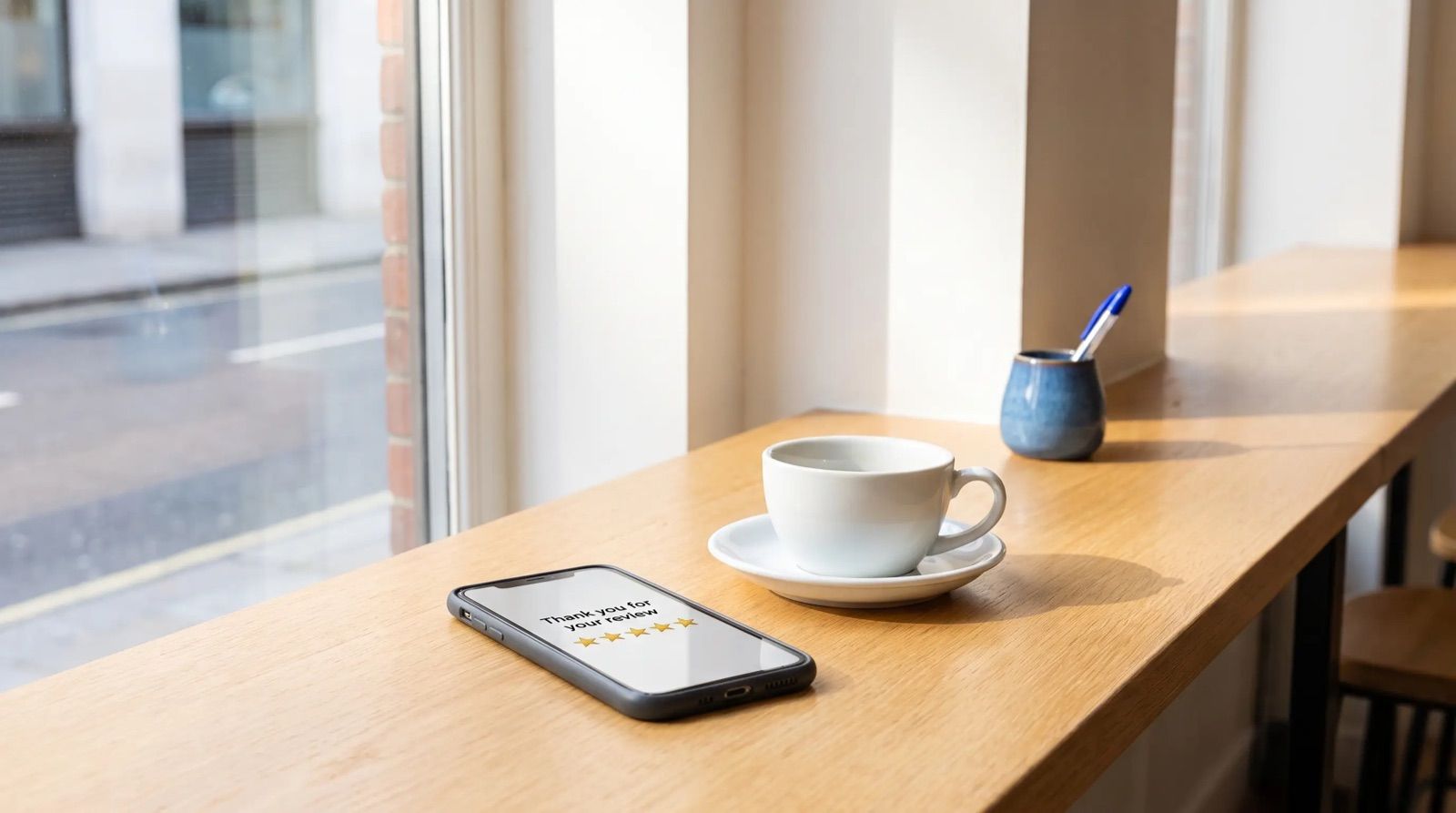 A phone on a café counter beside a coffee cup, showing a new 5 star review and a thank-you message.