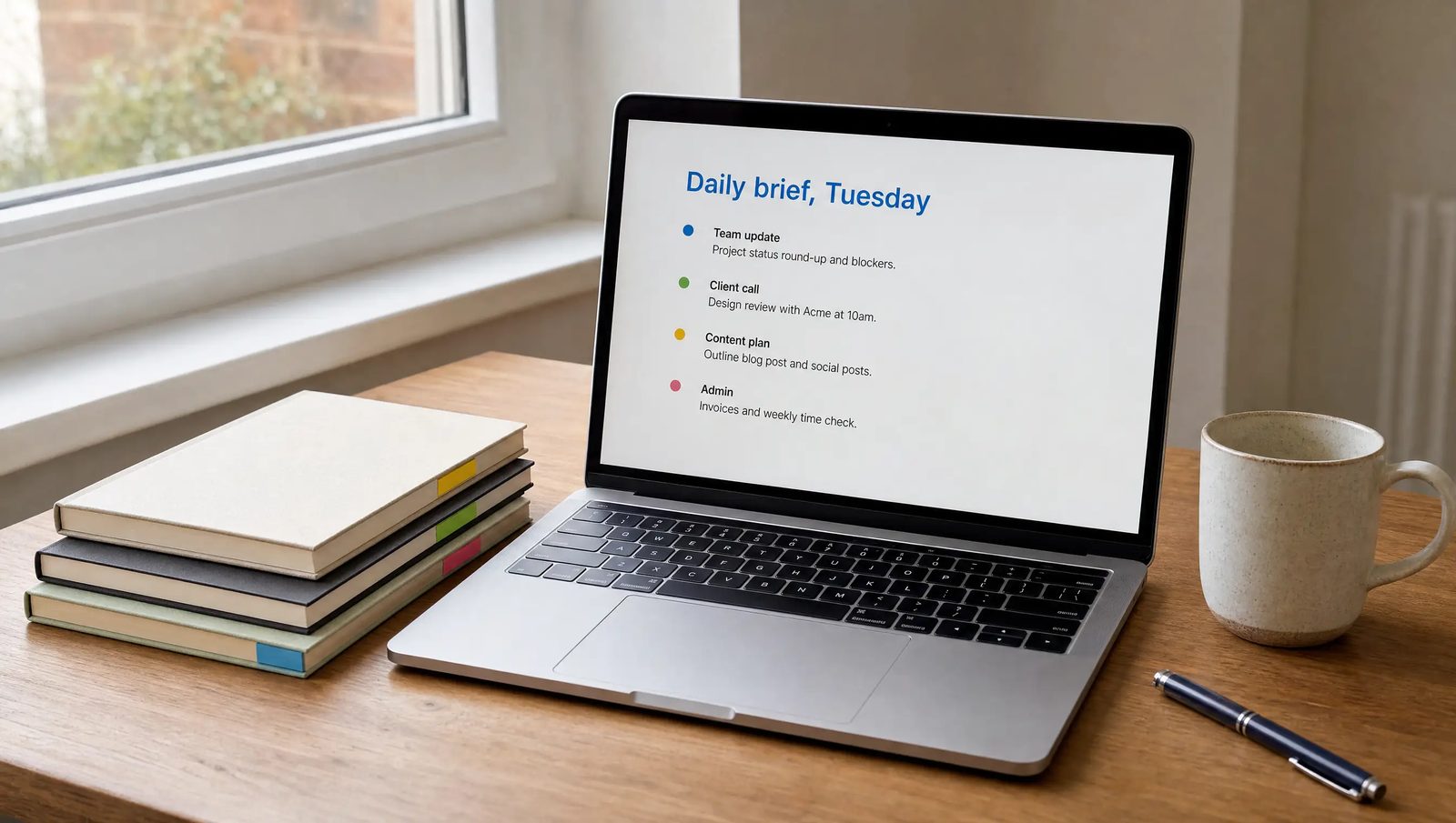 A laptop on a desk by a window showing a page headed Daily brief, Tuesday, with 4 short entries, next to a stack of 4 notebooks with coloured tabs.