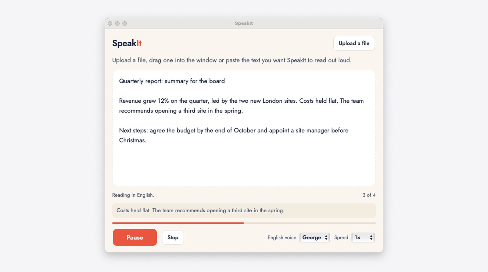 The SpeakIt window reading a quarterly report aloud, with the Pause button lit and the sentence being read shown below the text.