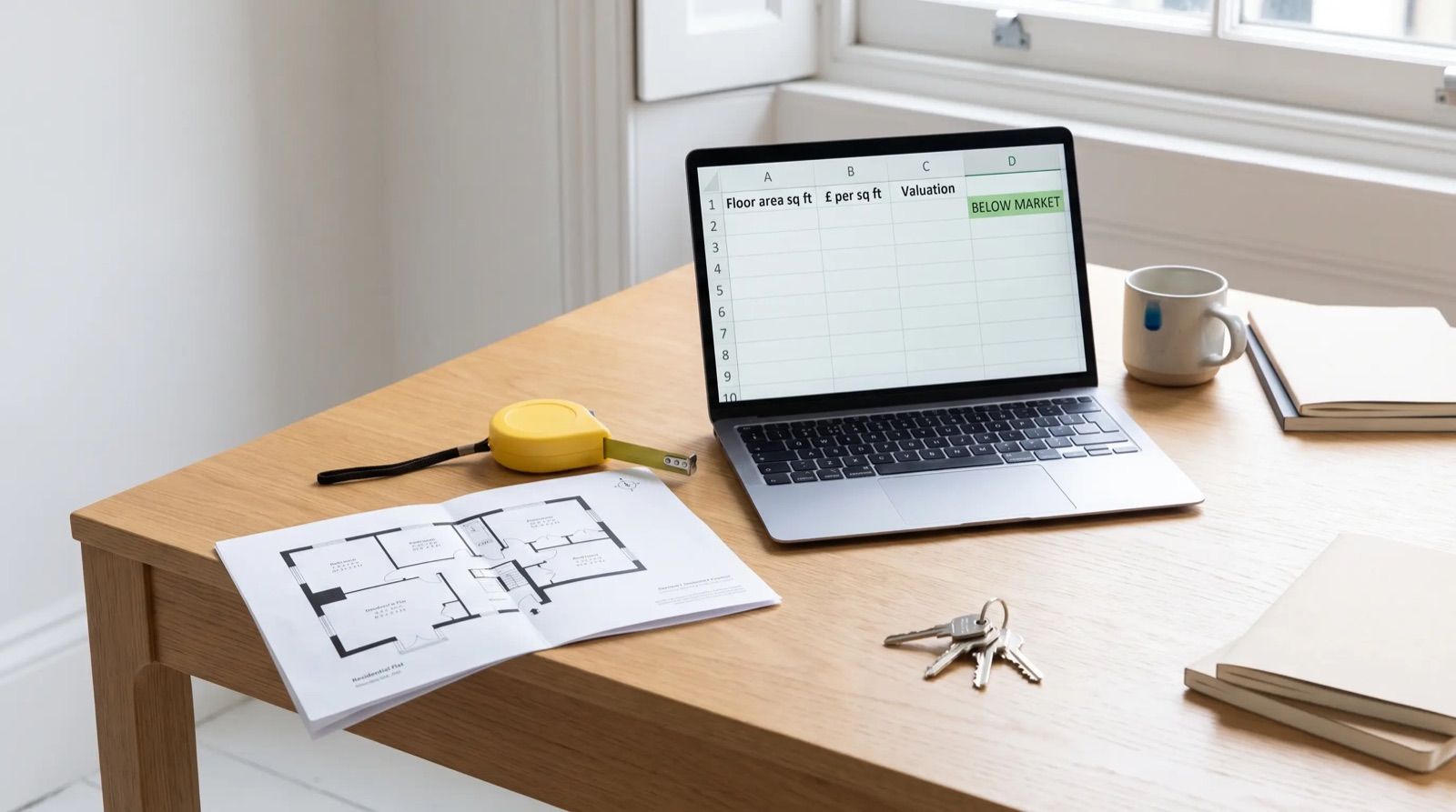 An estate agent's desk with a printed floor plan, a tape measure, house keys and a laptop showing a spreadsheet with a below market verdict.