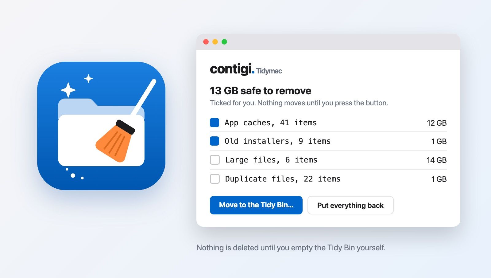 The Contigi Tidymac app icon beside an example of its window: 13 GB safe to remove, with app caches and old installers ticked, large files and duplicates unticked, plus a Move to the Tidy Bin button.