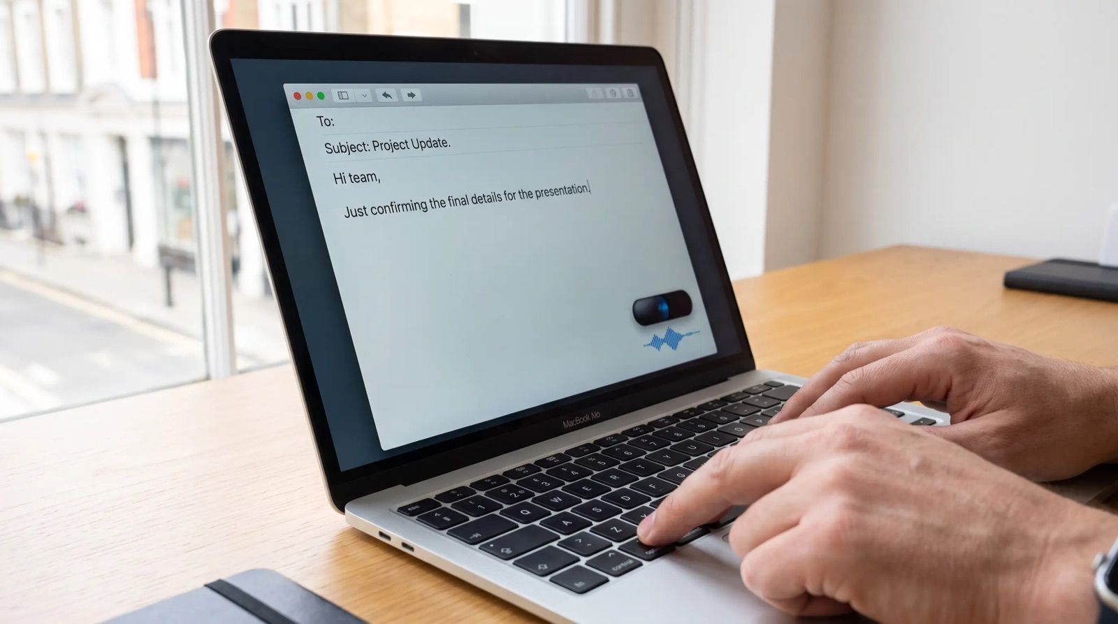 Hands at a laptop keyboard while an email types itself on screen, with a small floating pill showing a blue sound wave.