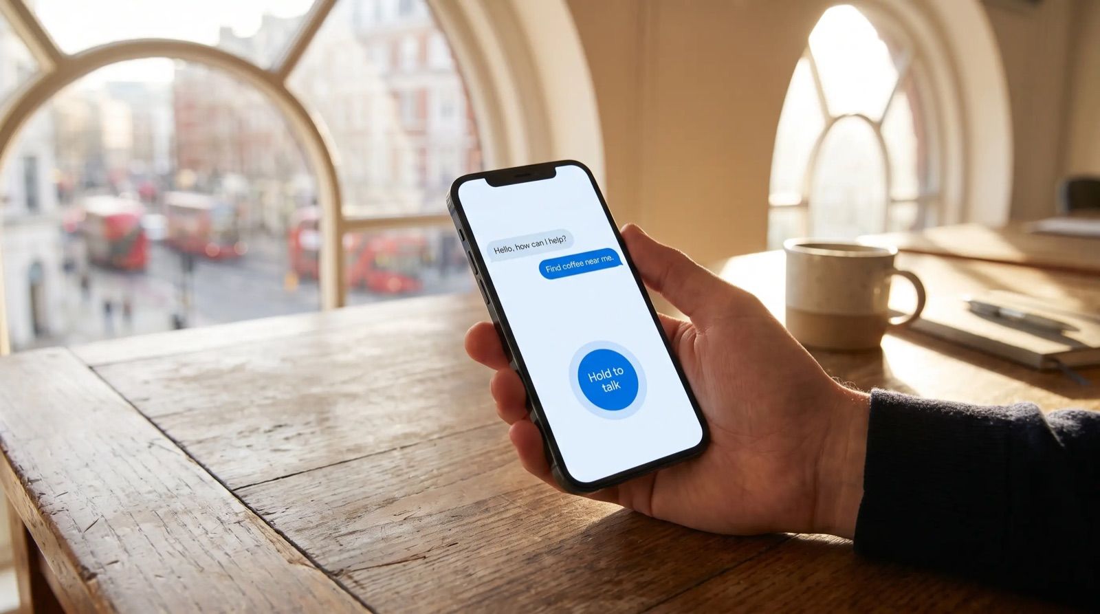 A hand holding a phone at a window above a London street, the screen showing a voice AI agent with a large blue hold-to-talk button.