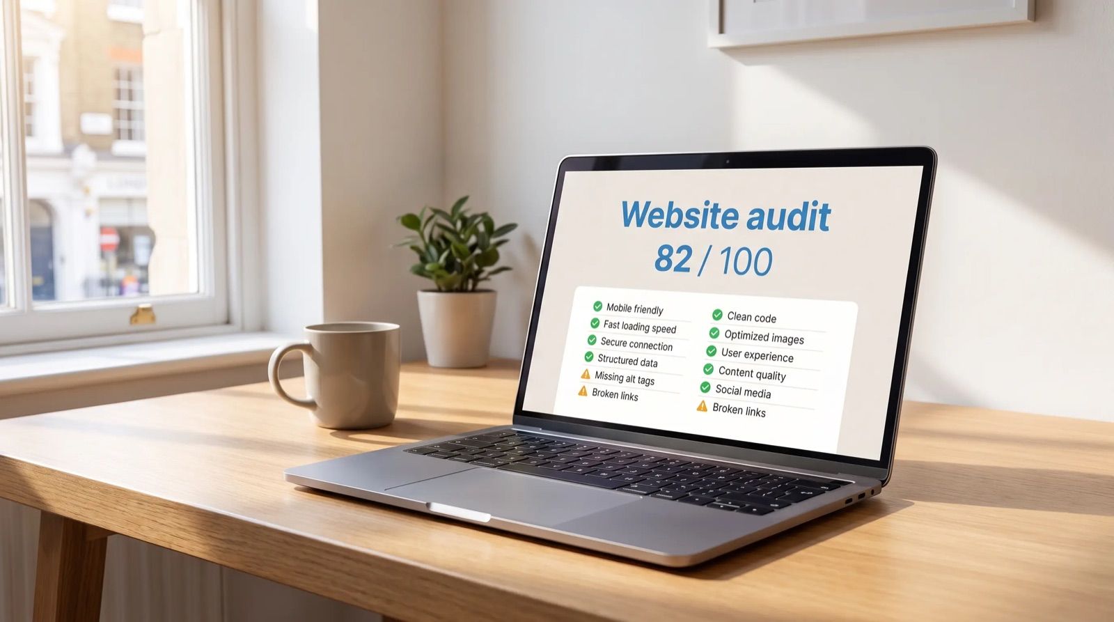 A laptop on a sunlit desk showing a website audit report with a score of 82 out of 100 and a checklist of green ticks and amber warnings.