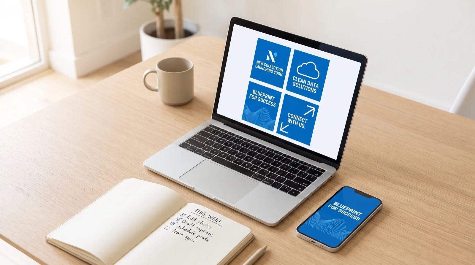 A laptop showing a grid of finished social media posts in blue and white, a phone showing 1 of them and a notebook with a ticked list headed This week.