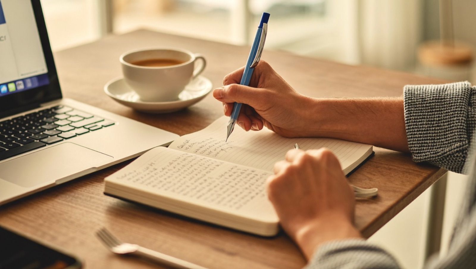 A person at a laptop reading an email that sounds like their own writing, with a calm, warm workspace.